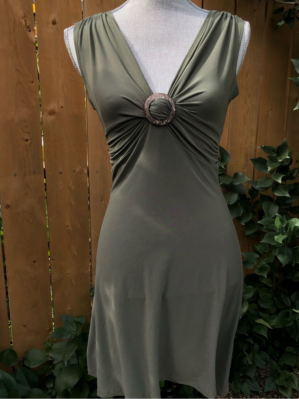 Mariposa Olive Sleeveless V-Neck Dress with Tropical Wooden Ring Detail